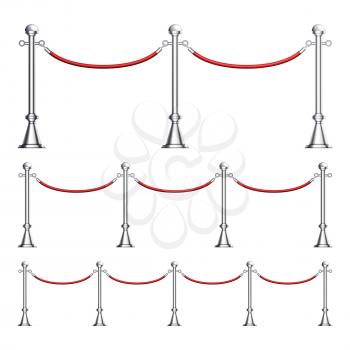 Barriers Chrome Column With Velvet Rope Set Vector. Different Length Fashion Event Barriers, Silver Metallic Fence With Cord. Movie Premiere In Cinema Template Realistic 3d Illustrations