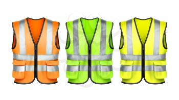 Safety Vest Protection Clothing Uniform Set Vector. Yellow, Green And Orange Builder And Driver Safety Vest Clothes Accessory. Protective Jacket Clothing Template Realistic 3d Illustrations