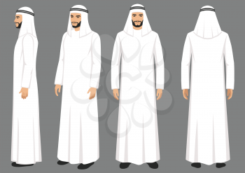 Arab muslim man character isolated on white background. Muslim man wearing traditional clothing front, rear, side view