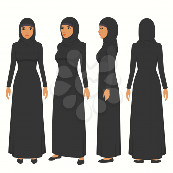 muslim woman illustration, vector arab girl character,  saudi cartoon female, front, side and back view of islamic person