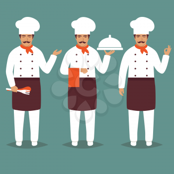 Set Cartoon Chief Cook Character. white restaurant profession uniform. Vector Illustration