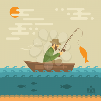 fishing vector illustration, fisherman with rod and fish