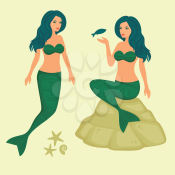 fantasy underwater  illustration, vector sea mermaid 