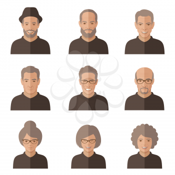 vector old people faces. cartoon senior character. man, woman icon