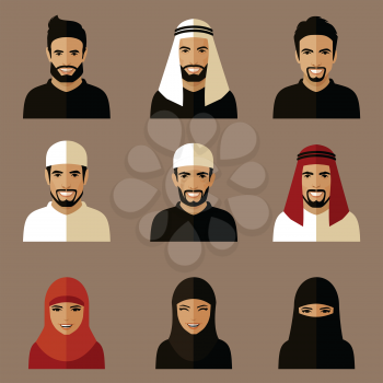 set of flat muslim avatars, vector arab people team, saudi characters