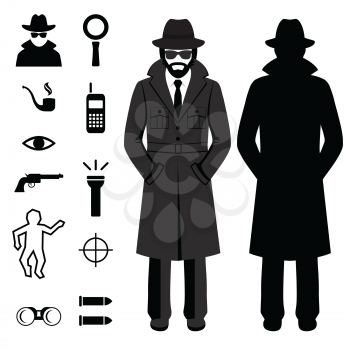 vector spy icon, detective cartoon man, crime illustration