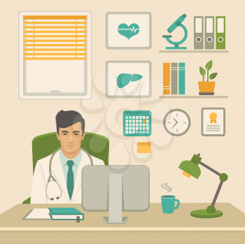 doctor in office. medical worker in cabinet, behind the table and computer. Vector illustration of a flat design