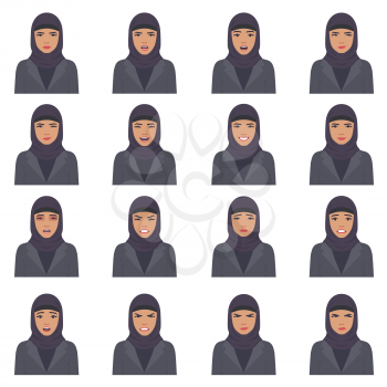 vector illustration of a arabic face expressions, set of a different muslim face expression, cartoon  arab character, saudi women