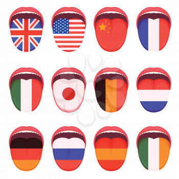  vector illustration of a language flag on human tongue, multilingual speak study