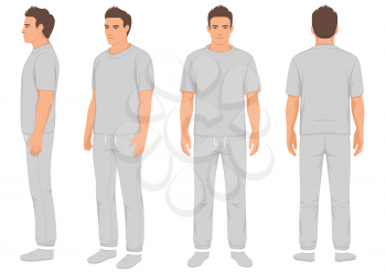 sportswear fashion man isolated, front, back and side view, vector illustration of male in tracksuit