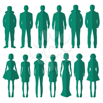 vector group of standing people silhouettes icons, sport business and fashion persons