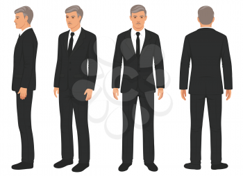 front, back and side view, vector illustration, businessman in suit