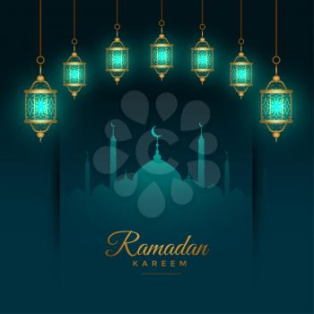 beautiful ramadan kareem background with glowing islamic lanterns