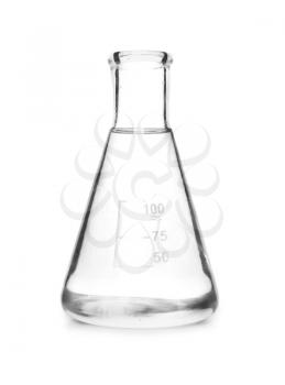 Conical flask with liquid on white background�