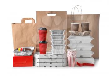 Different types of packages on white background. Food delivery service�