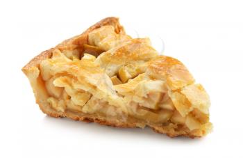 Piece of tasty homemade apple pie on white background�