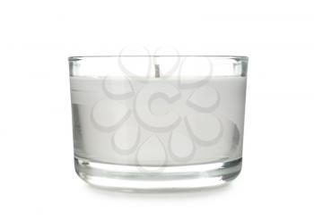 Beautiful candle in holder on white background�