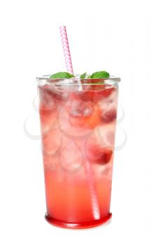 Glass of tasty strawberry lemonade on white background�