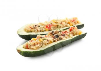 Quinoa stuffed zucchini boats on white background�