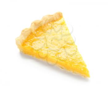 Piece of tasty lemon pie on white background�
