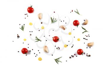 Flat lay composition with spices and herbs on white background�