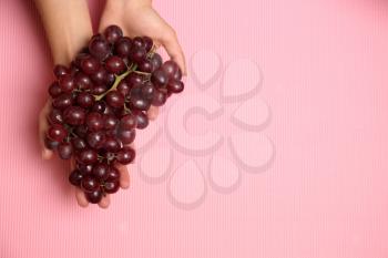Ripe tasty grapes in female hands on color background�