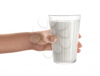 Woman holding glass of milk on white background�