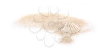 Seashell and sand on white background�