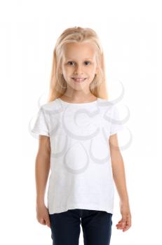 Cute little girl in t-shirt on white background�