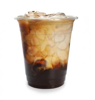 Plastic cup of cold coffee on white background�