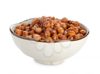 Bowl with fried chickpeas on white background�