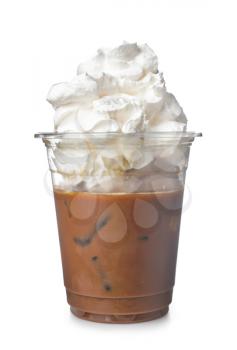 Cold coffee covered with whipped cream in plastic cup on white background�