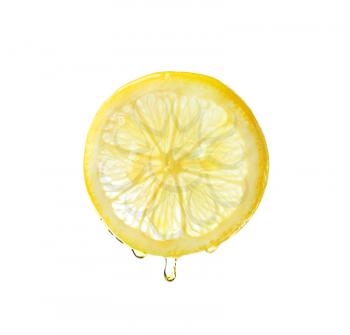 Essential oil dripping from lemon slice on white background�