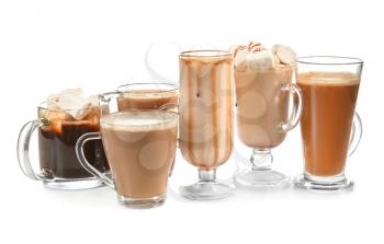 Different kinds of coffee drinks on white background�