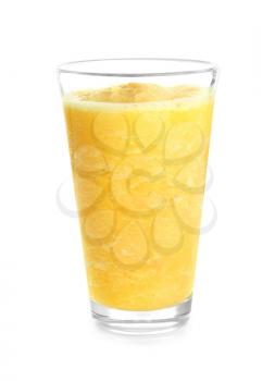 Glass of tasty fruit smoothie on white background�