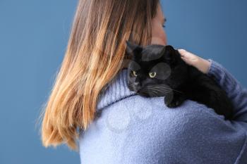 Cute black cat with owner at home�