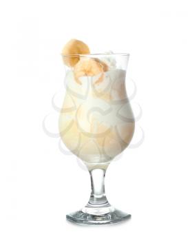 Glass of tasty banana milkshake on white background�