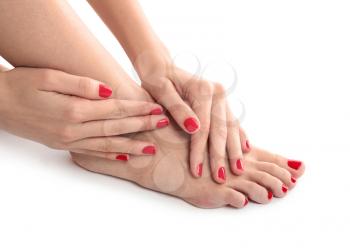 Female leg with beautiful pedicure on white background�