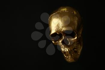 Golden human skull on dark background�