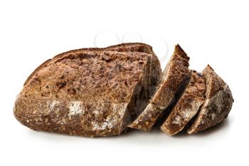 Cut loaf of fresh bread on white background�