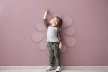 Portrait of cute little boy near color wall�