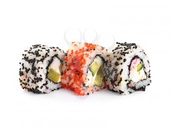Tasty sushi rolls on white background�