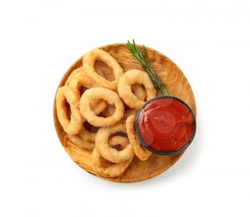 Plate with tasty onion rings and sauce on white background�