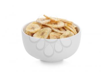 Bowl with tasty dried banana on white background�