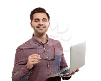 Male programmer with laptop on white background�
