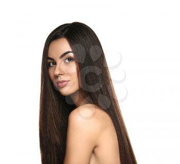 Portrait of beautiful young woman with healthy long hair on white background�