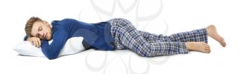 Handsome sleeping man with pillow on white background�