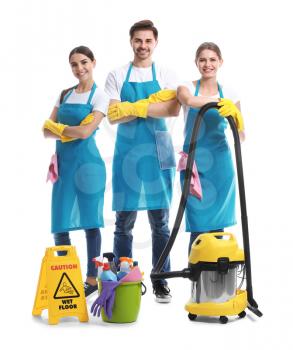 Team of janitors on white background�