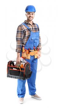 Male electrician with tools kit on white background�