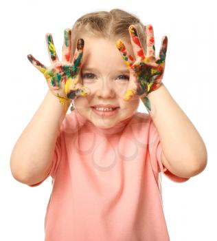 Funny little girl with hands in paint on white background�